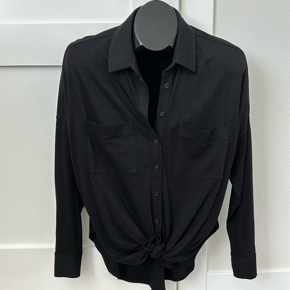 Lou & Grey for LOFT Black Tie High Low Button Down Knit Long Sleeve Top Blouse